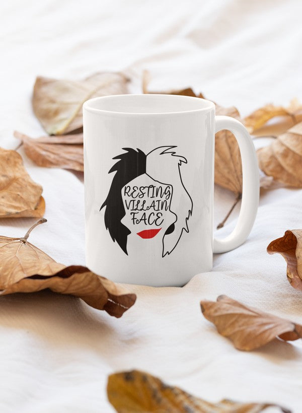 A stylish 11oz ceramic mug featuring a humorous Resting Villain Face design, perfect for coffee lovers.
