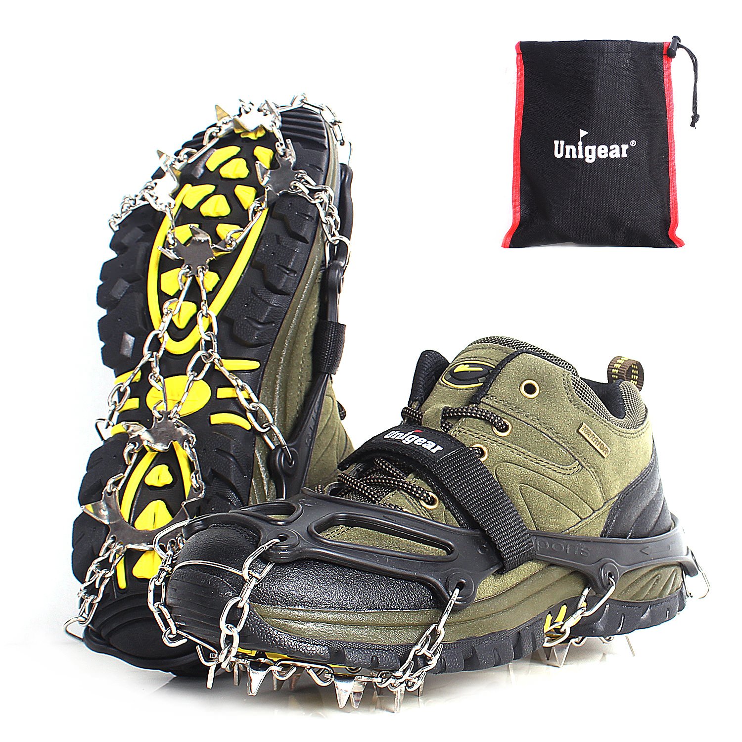 Snow Grips Crampons Ice Traction Cleats with stainless-steel spikes, designed for winter safety and stability on icy surfaces.