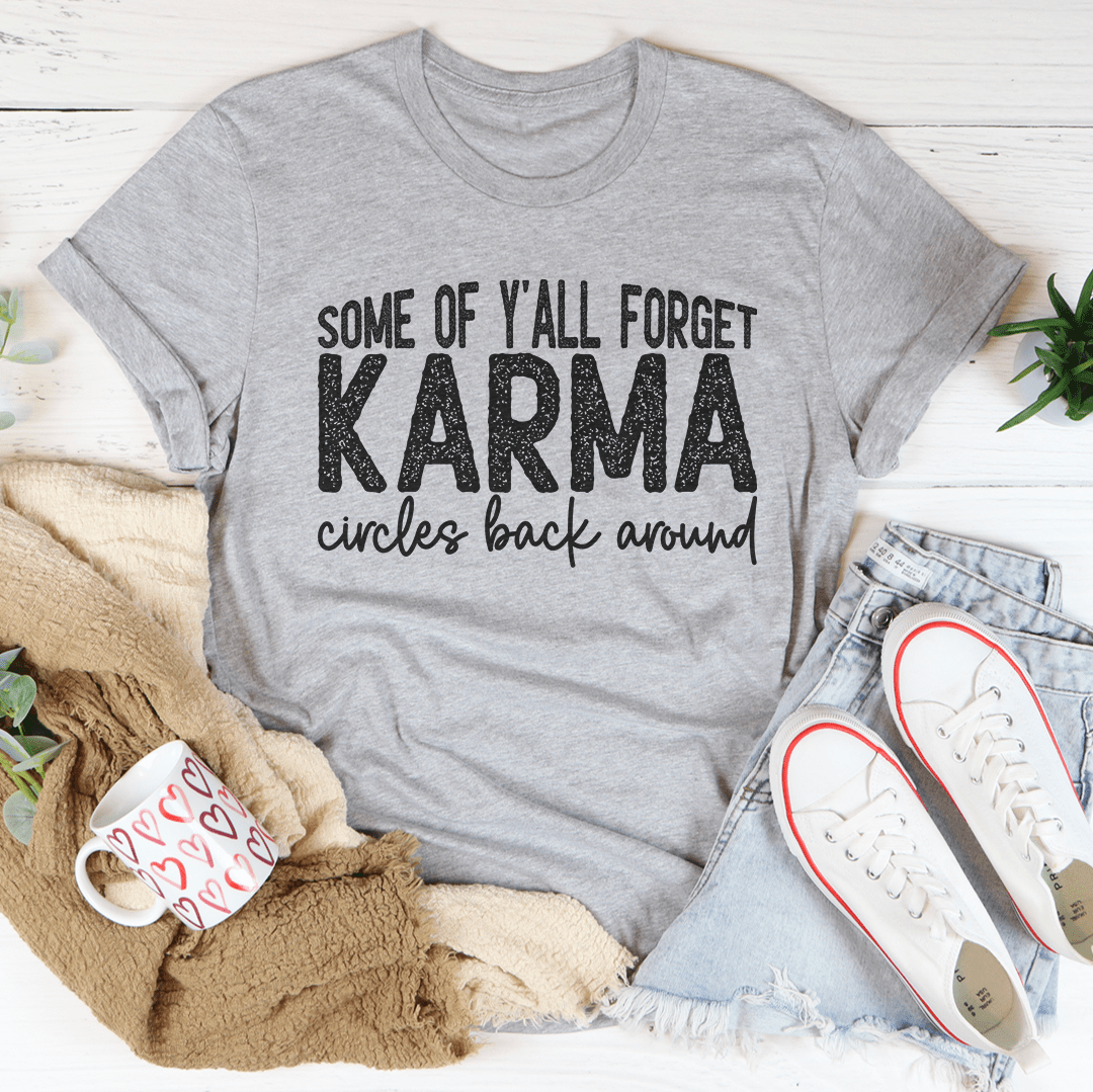 Karma Circles Back Around Tee in various colors, showcasing its soft fabric and durable stitching.