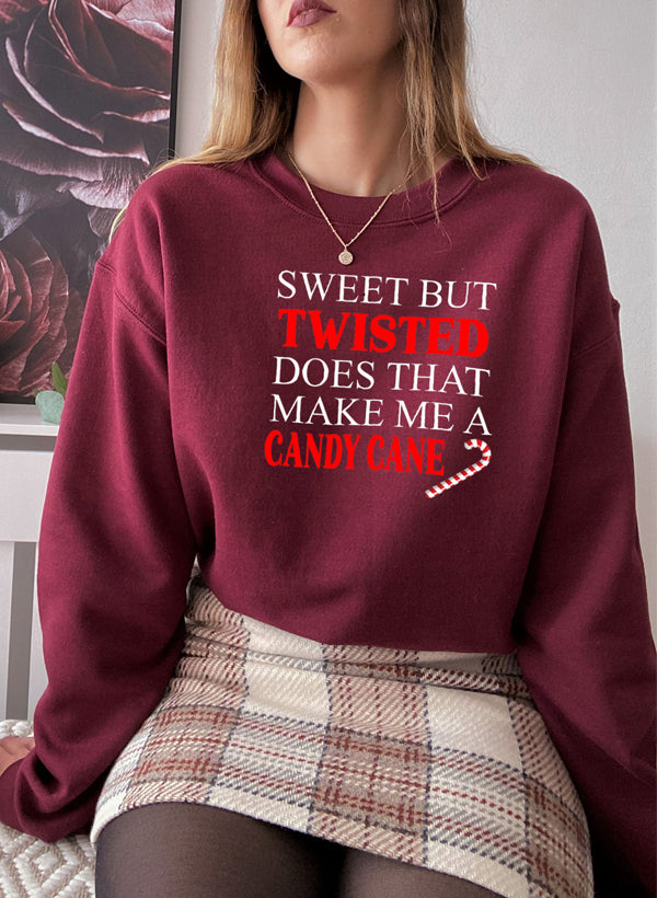 Sweet But Twisted Candy Cane Sweat Shirt featuring a cozy fleece design with adjustable cuffs, perfect for winter wear.