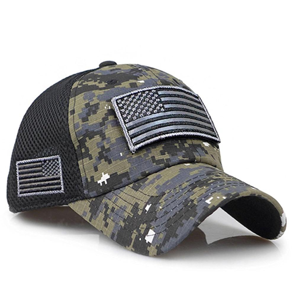 Tactical camouflage baseball cap for men featuring a mesh design and USA flag patches, perfect for outdoor activities.