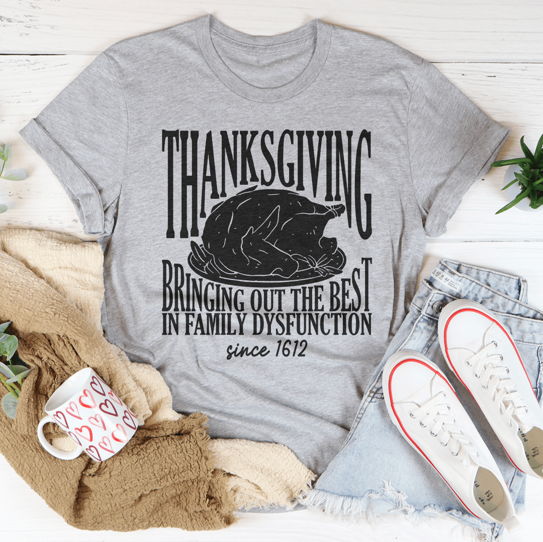 A cozy Thanksgiving t-shirt made of soft ring-spun cotton, featuring double stitching for durability and a festive design.
