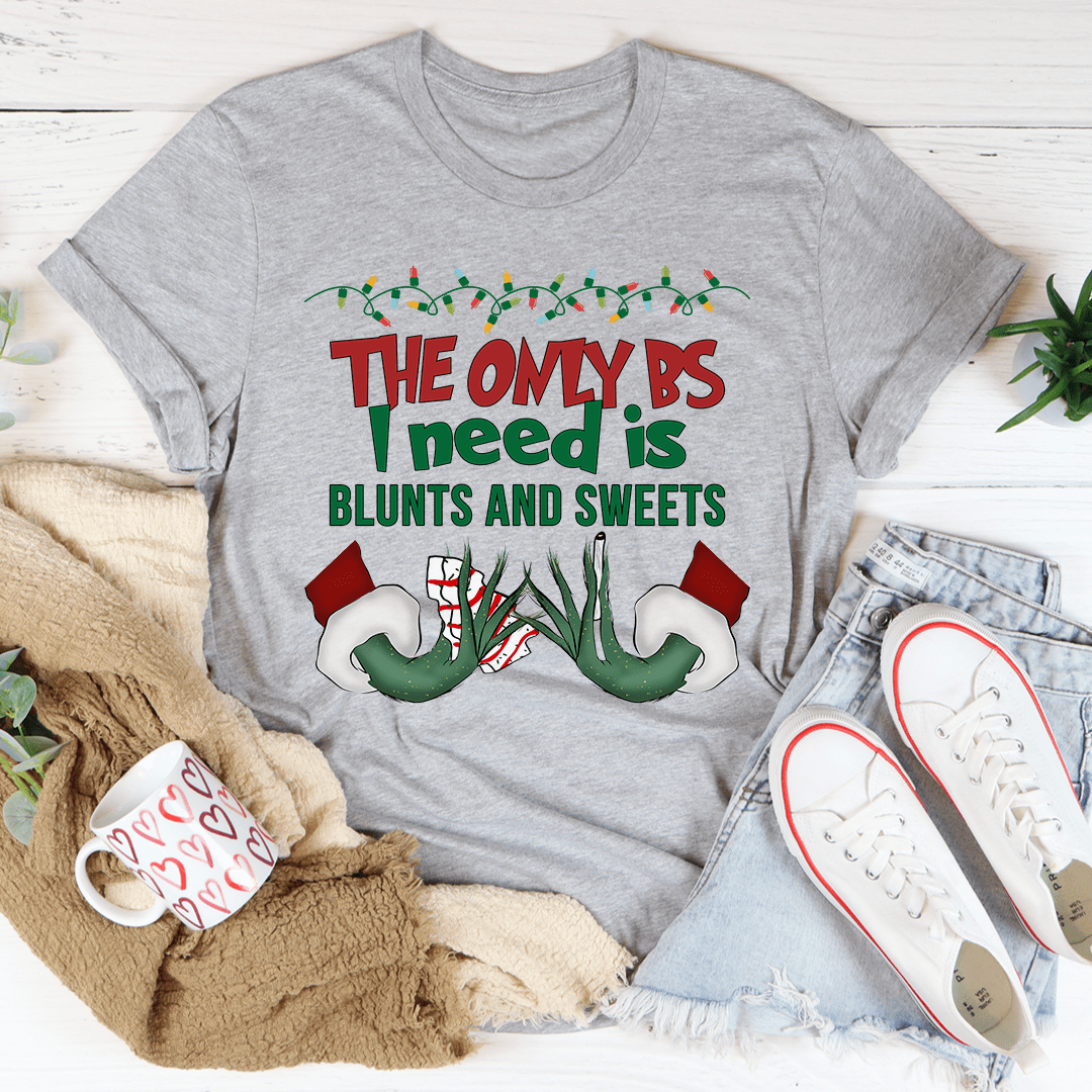 The Only BS I Need Christmas Tee featuring a fun holiday slogan on a soft, durable cotton fabric.