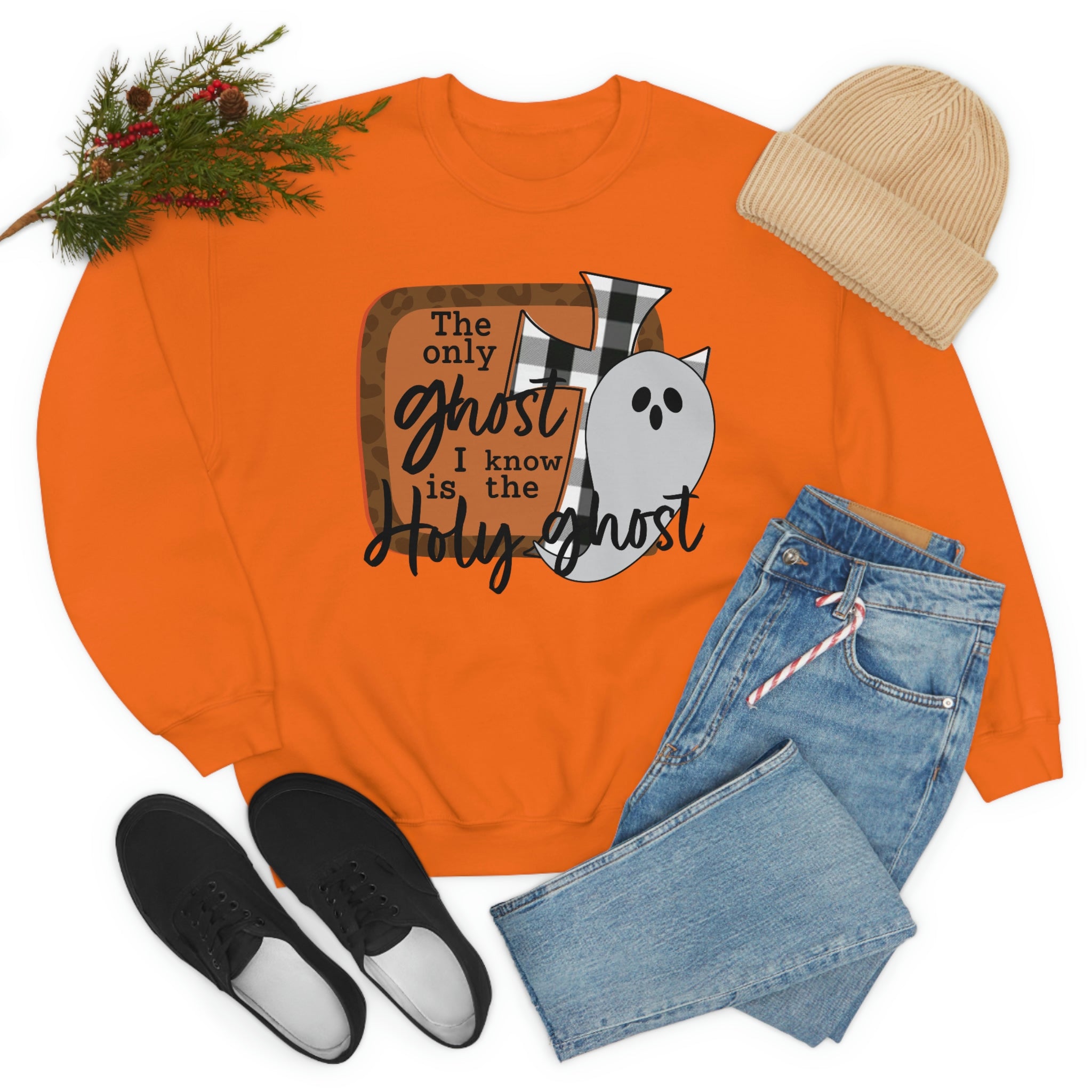 A stylish t-shirt featuring the phrase 'The Only Ghost I Know', made from soft ring-spun cotton with double stitching for durability.