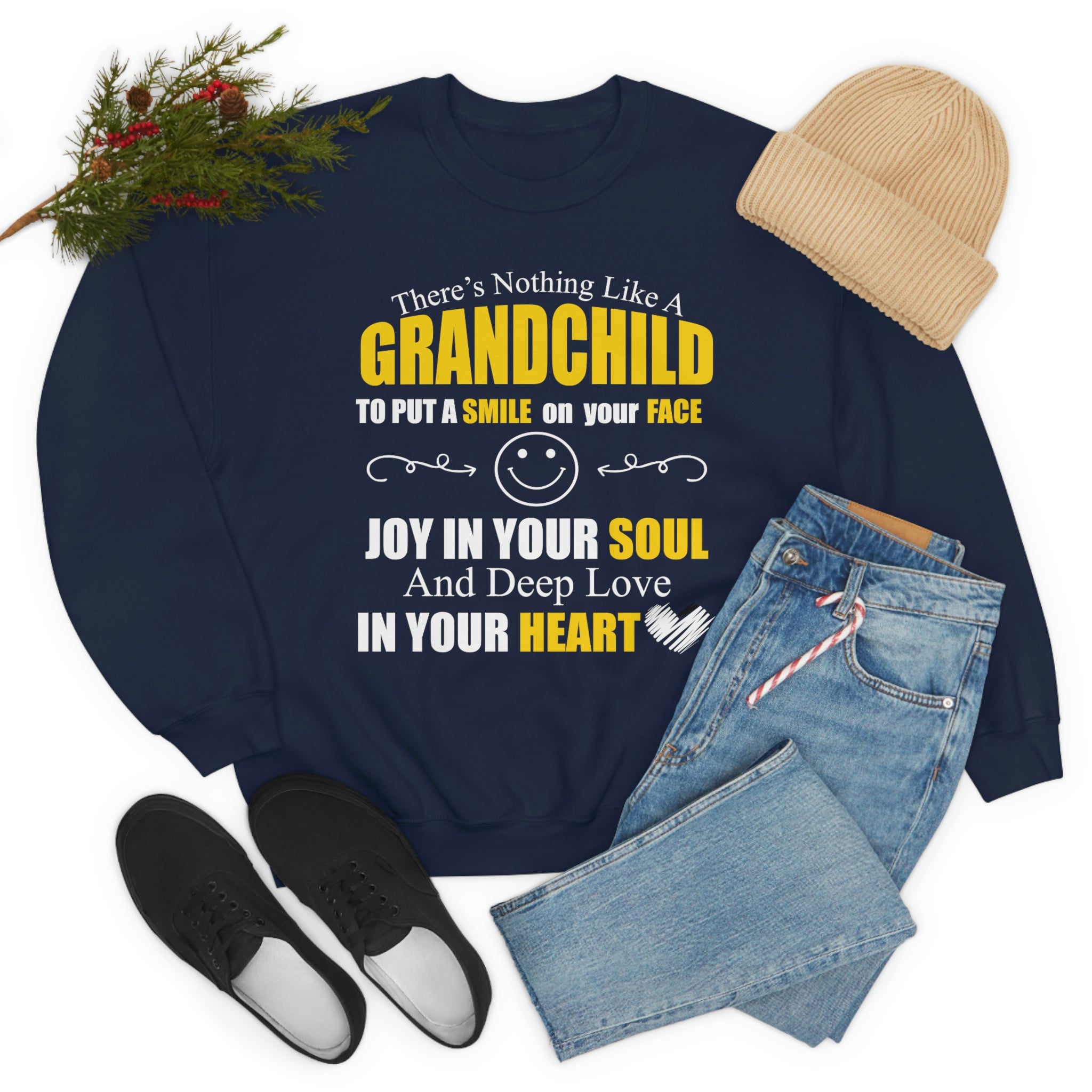 A cozy sweatshirt featuring the phrase 'There's Nothing Like A Grandchild', made from soft ring-spun cotton, perfect for grandparents.
