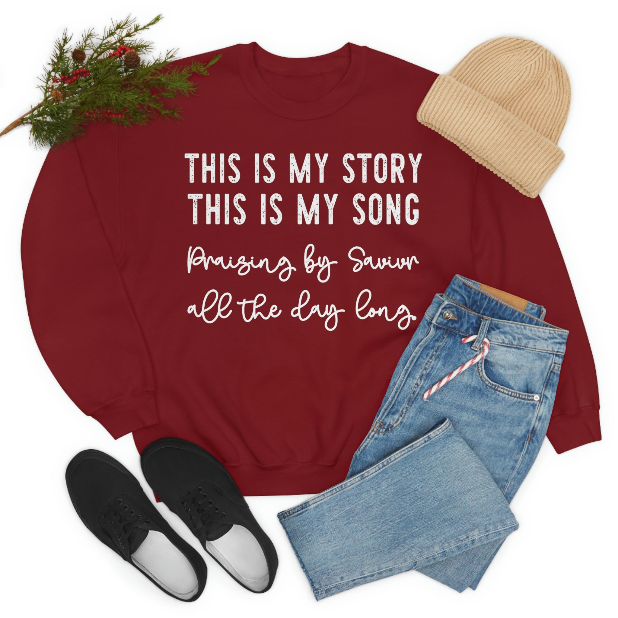 A cozy and stylish sweatshirt featuring the phrase 'This Is My Story This Is My Song', made from soft ring-spun cotton with double stitching.