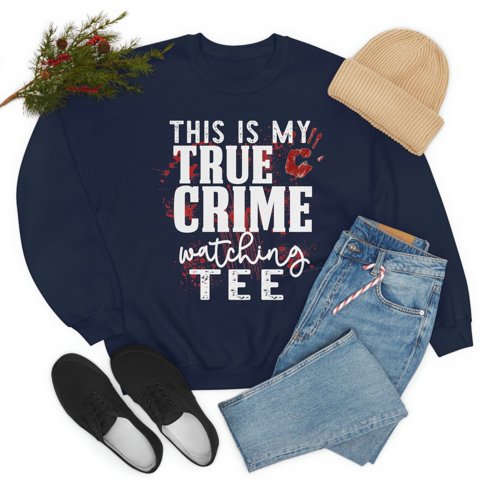 Cozy sweatshirt with 'This Is My True Crime Watching' slogan, made from soft cotton, featuring double stitching for durability.
