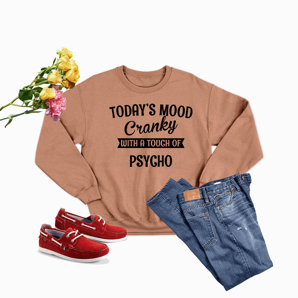 A cozy Today's Good Mood TOUCH Sweat Shirt in various colors, showcasing its soft fabric and durable stitching.