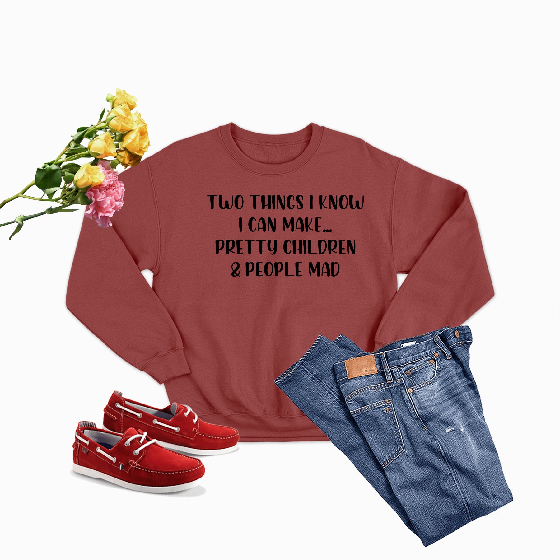 A cozy Two Things I Know I Can Make Sweat Shirt made from soft ring-spun cotton, featuring double stitching for durability.