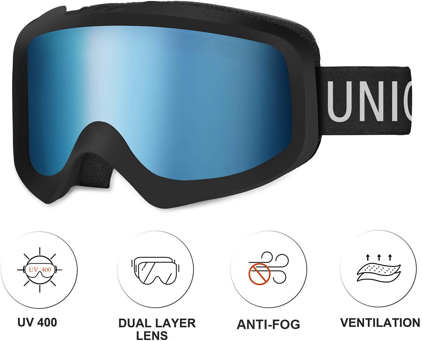 Unigear Skido X1 Ski Goggles featuring a flexible TPU frame, double lens design, and UV protection for skiing and snowboarding.