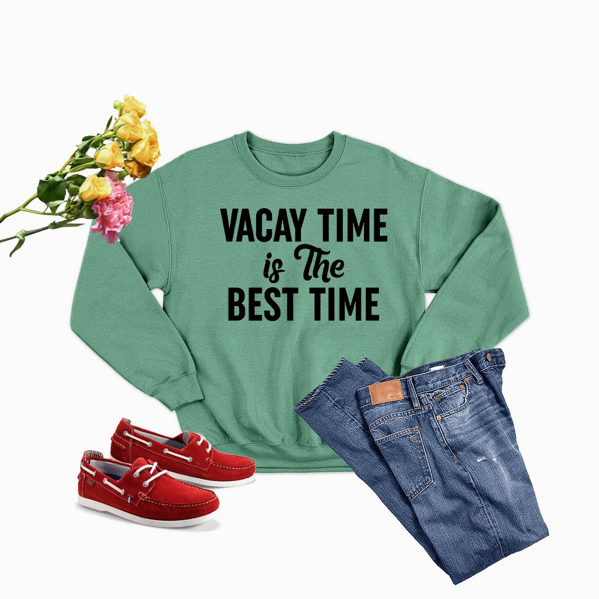 A cozy Vacay Time Is The Best Time Sweat Shirt made from soft ring-spun cotton, featuring double stitching for durability.