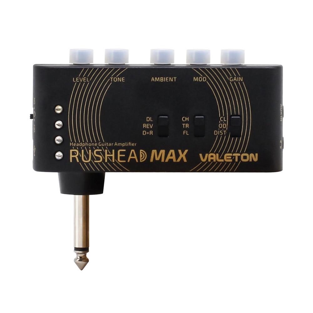 Valeton Rushead Max portable pocket guitar bass amp with USB charging, showcasing its compact design and headphone jack.