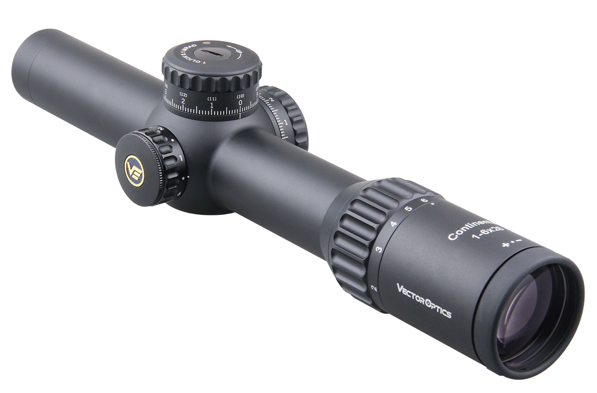 Vector Optics Continental 1-6x28 HD FFP Hunting Riflescope showcasing its sleek design and advanced optics features.