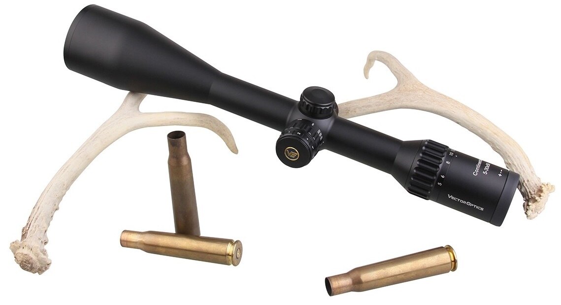 Vector Optics Continental HD 5-30x56 Hunting Riflescope showcasing its sleek design and large objective lens.
