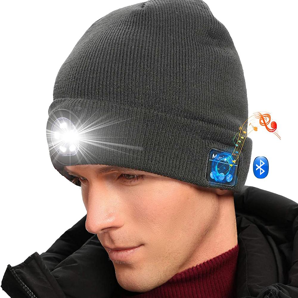 Wireless Bluetooth LED Hat featuring built-in music speakers and a rechargeable light, perfect for winter outdoor activities.