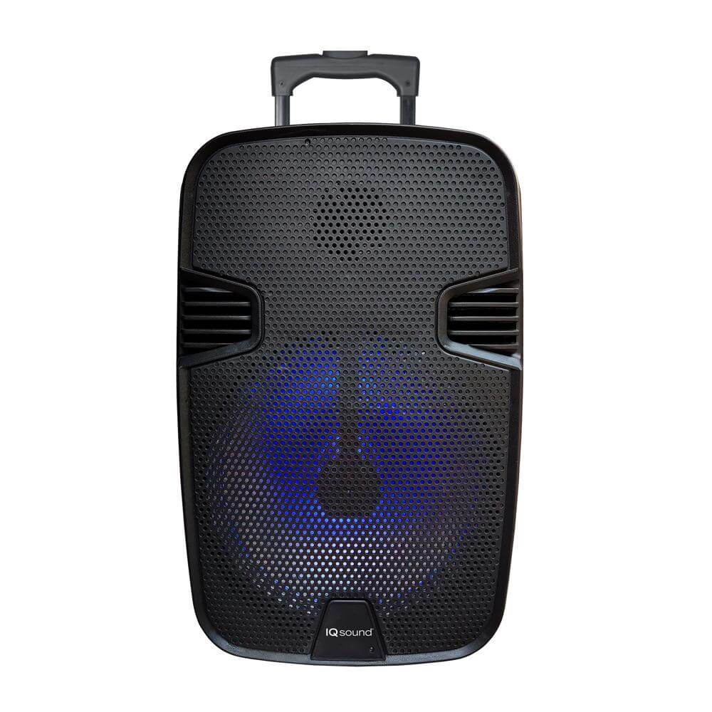 A 12-inch portable Bluetooth speaker with flashing lights, microphone, and remote control, showcasing its sleek design and connectivity options.