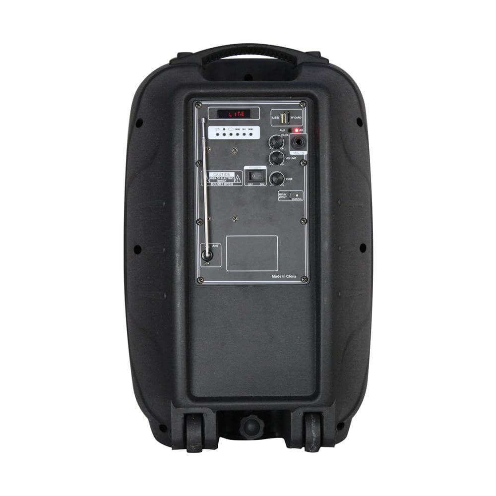 A 12-inch portable Bluetooth speaker with flashing lights, microphone, and remote control, showcasing its sleek design and connectivity options.