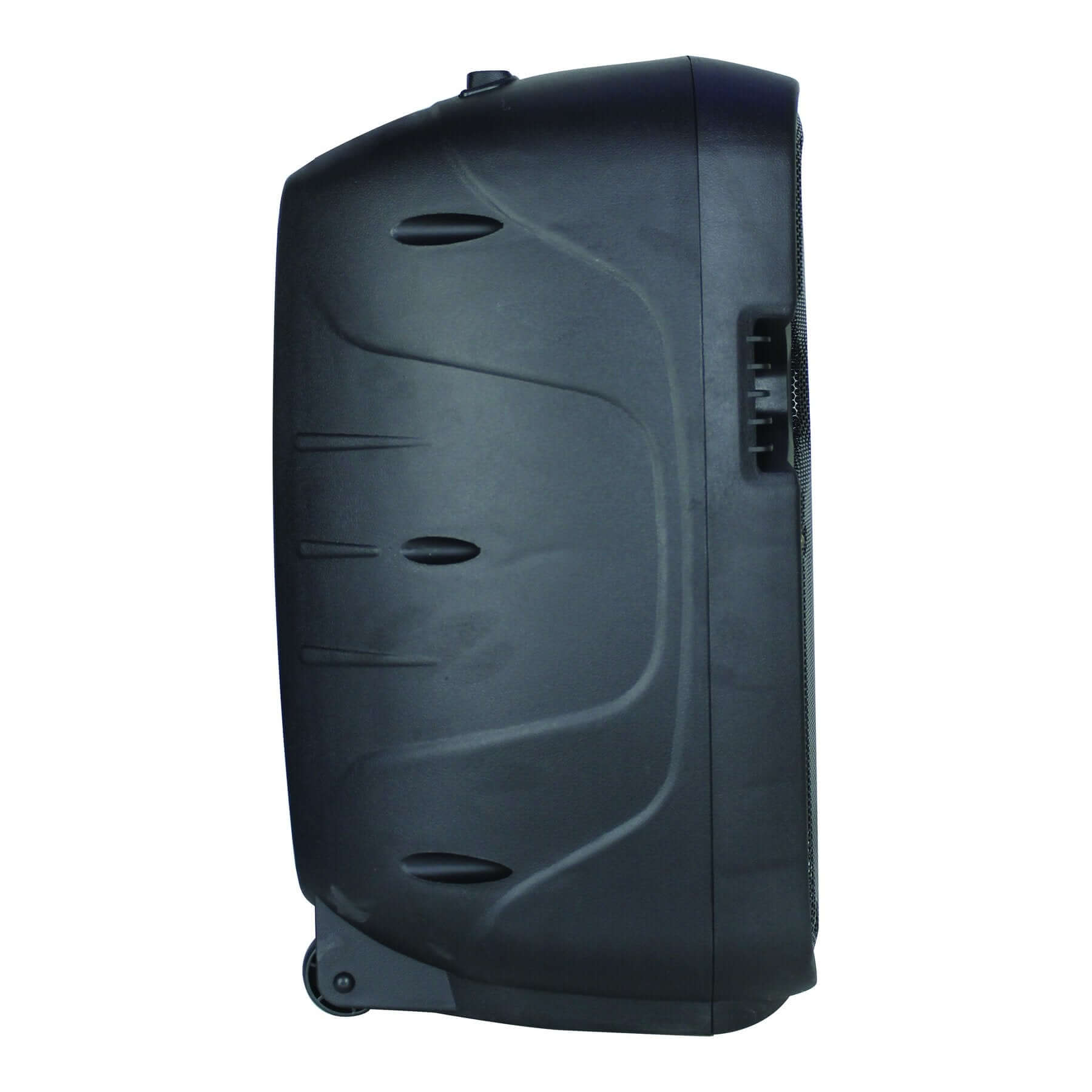 A 12-inch portable Bluetooth speaker with flashing lights, microphone, and remote control, showcasing its sleek design and connectivity options.