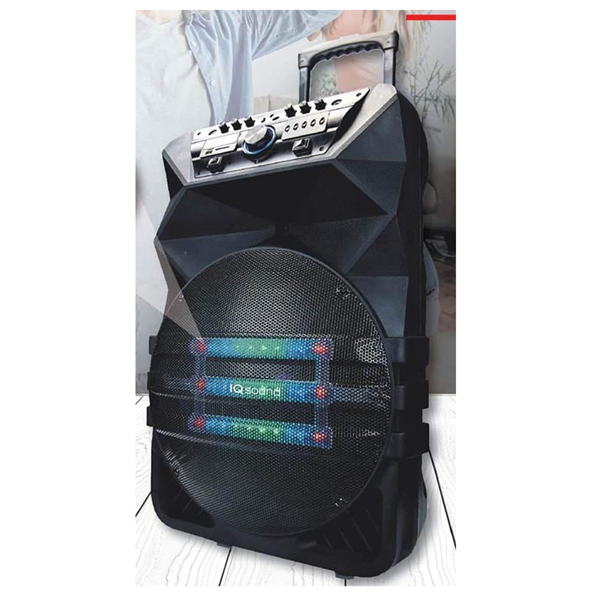 15-inch professional speaker with Bluetooth and TWS technology, featuring a high-efficiency woofer and remote control.