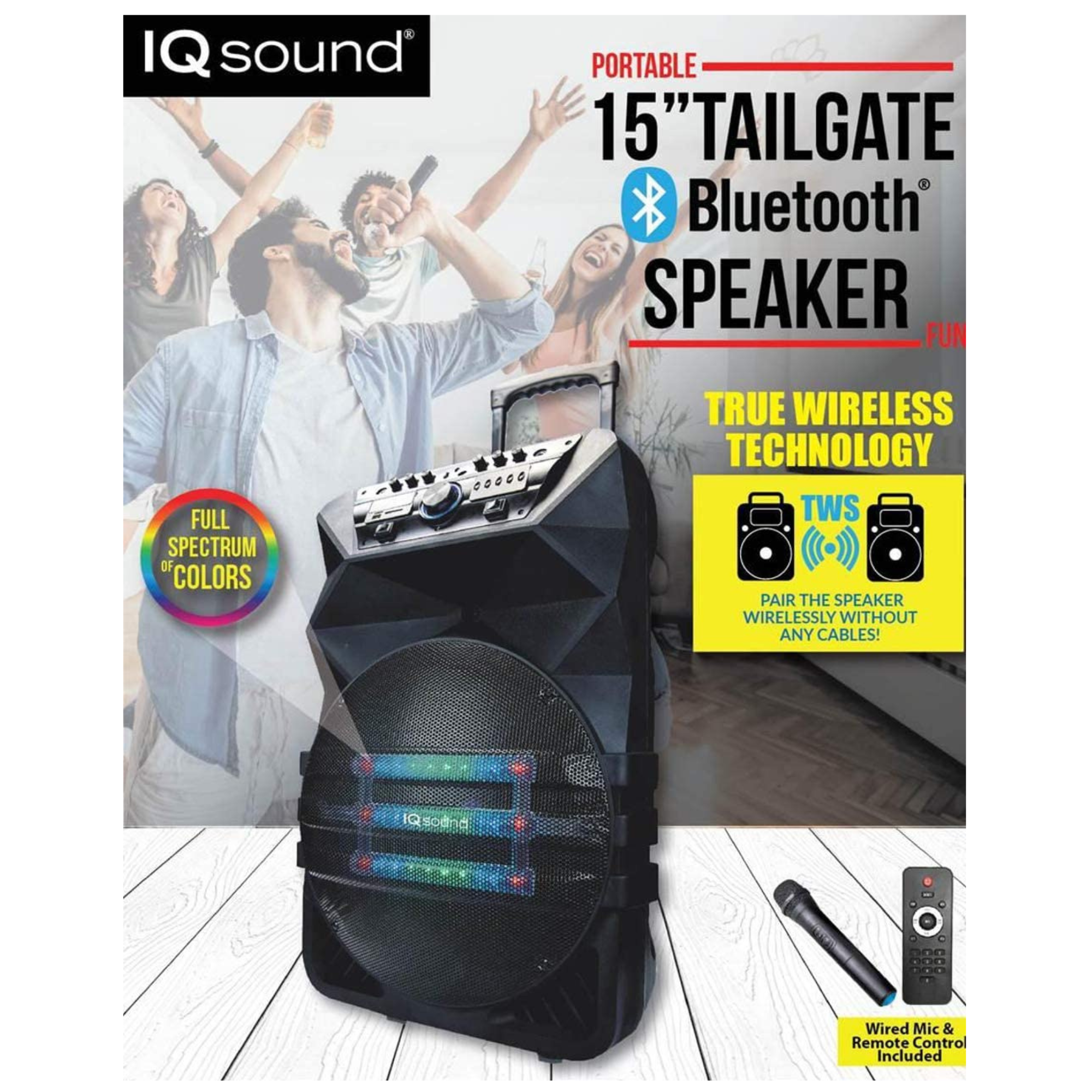 15-inch professional speaker with Bluetooth and TWS technology, featuring a high-efficiency woofer and remote control.