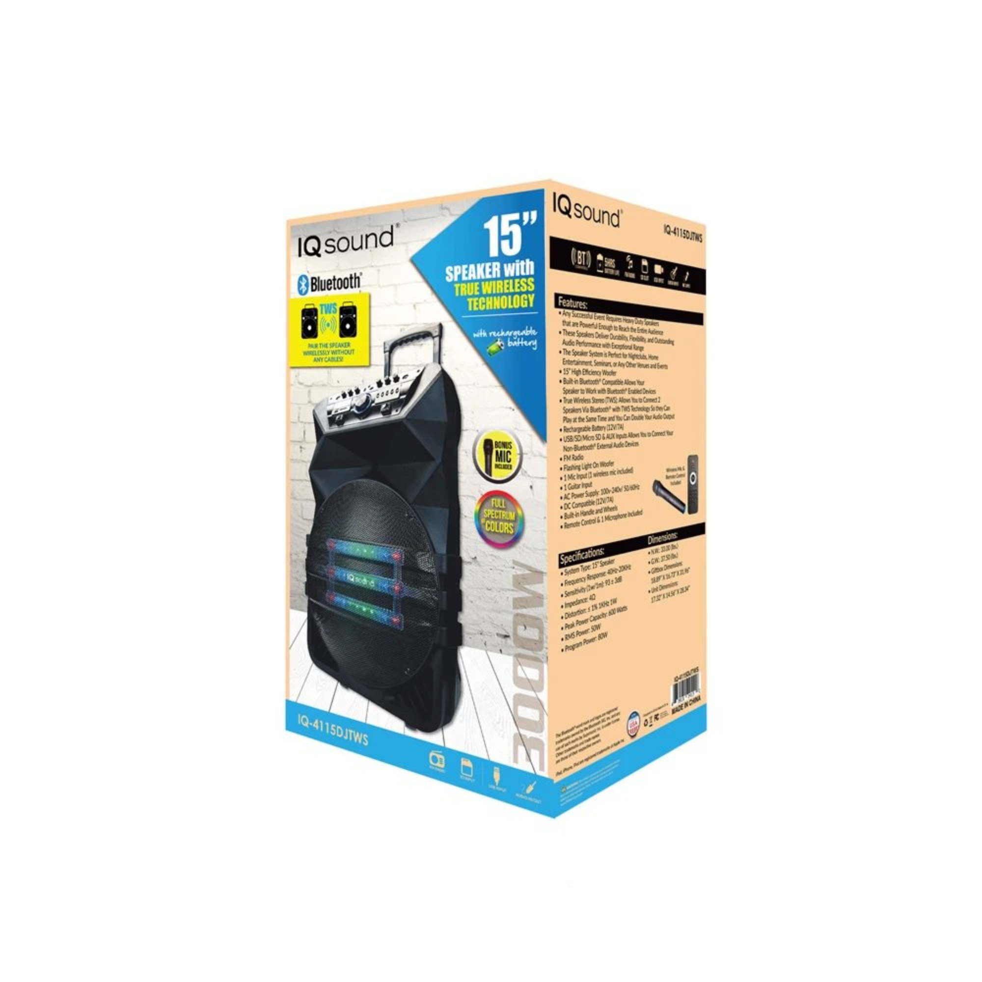 15-inch professional speaker with Bluetooth and TWS technology, featuring a high-efficiency woofer and remote control.