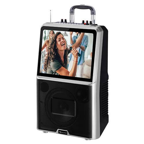 15-inch touch screen karaoke system with two 8-inch built-in speakers, remote control, and microphone, designed for portable use.