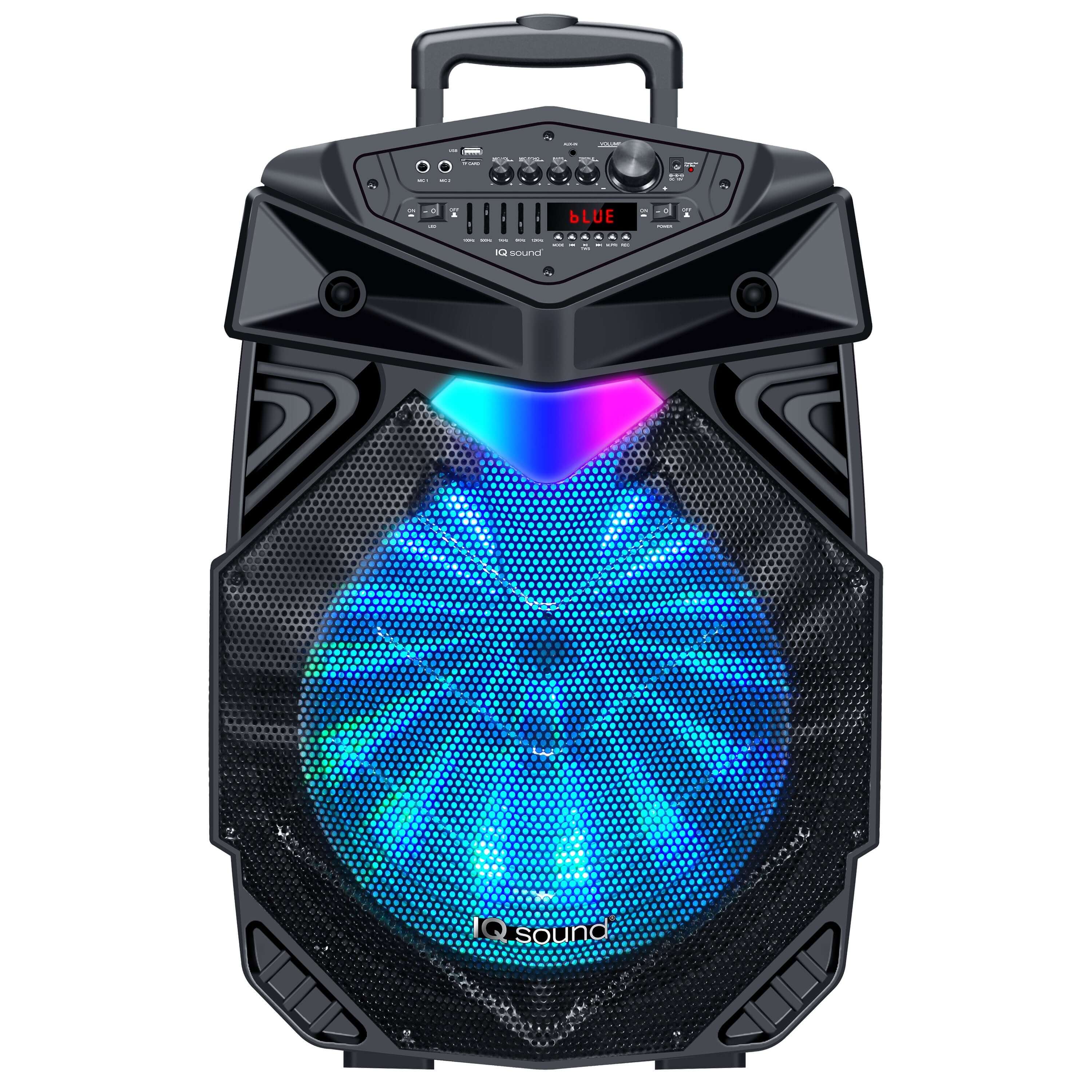 18-inch portable Bluetooth speaker with TWS technology, featuring a high-efficiency woofer and flashing lights.