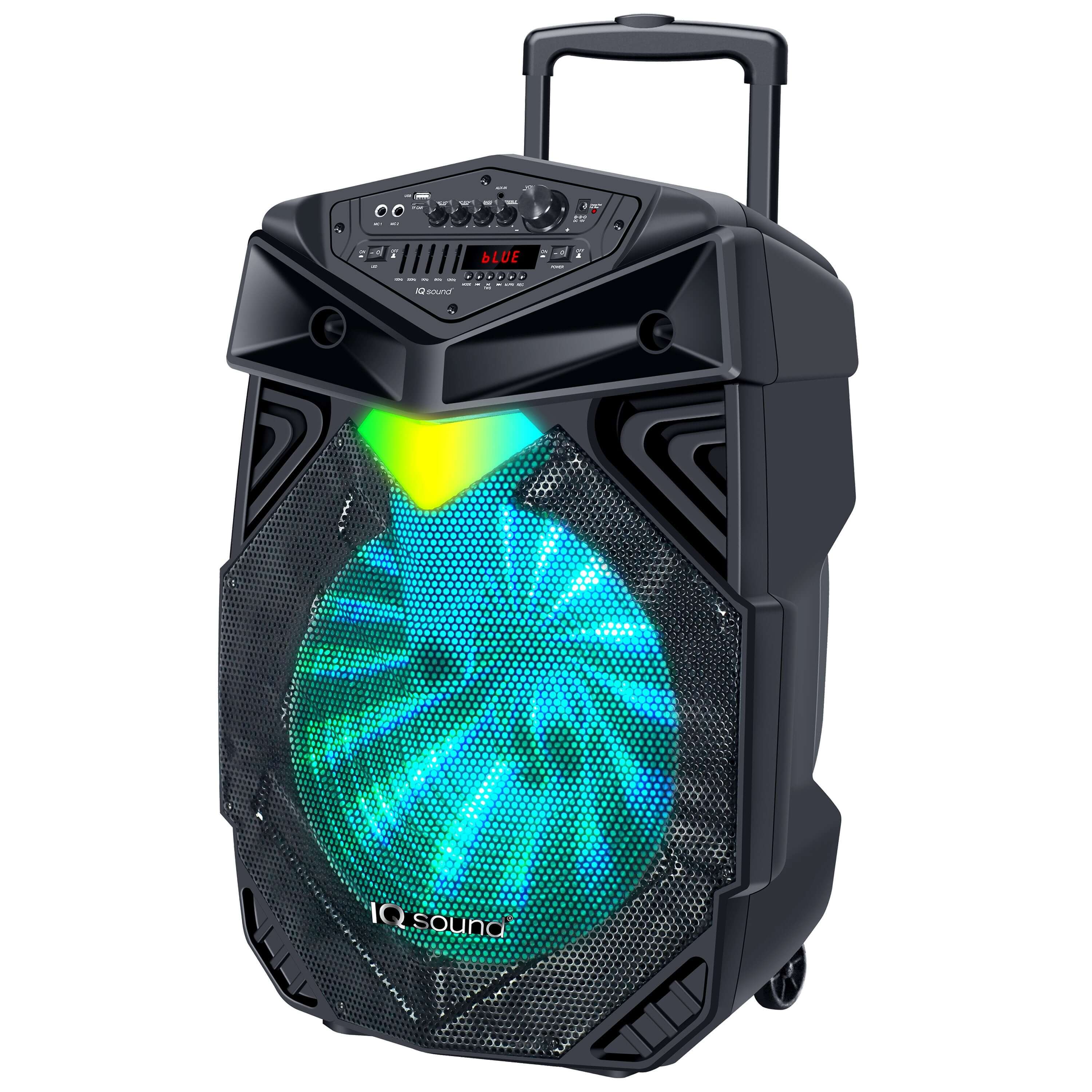 18-inch portable Bluetooth speaker with TWS technology, featuring a high-efficiency woofer and flashing lights.