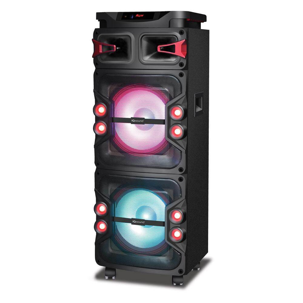 A pair of 12-inch Bluetooth speakers with vibrant stage lights, showcasing true wireless technology and various connectivity options.