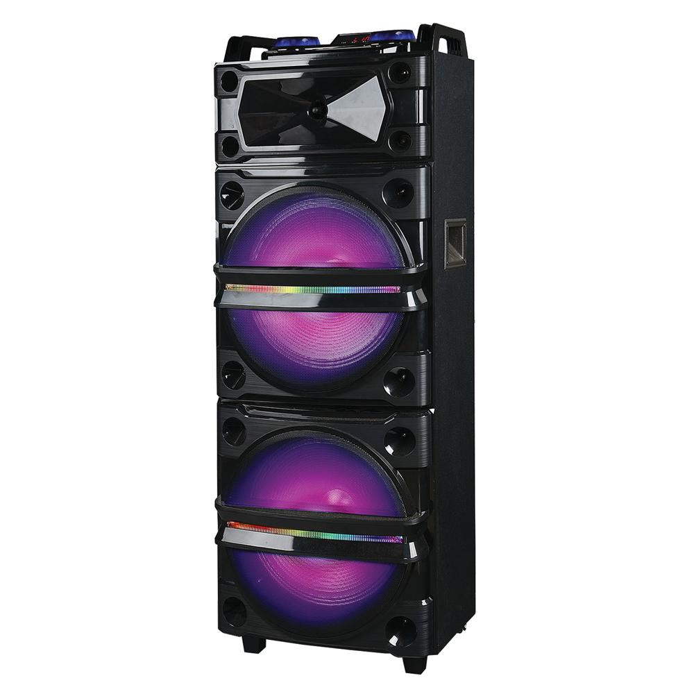 A pair of 12-inch professional Bluetooth speakers with wheels and handles for easy transport, featuring multiple input options and a sleek black design.