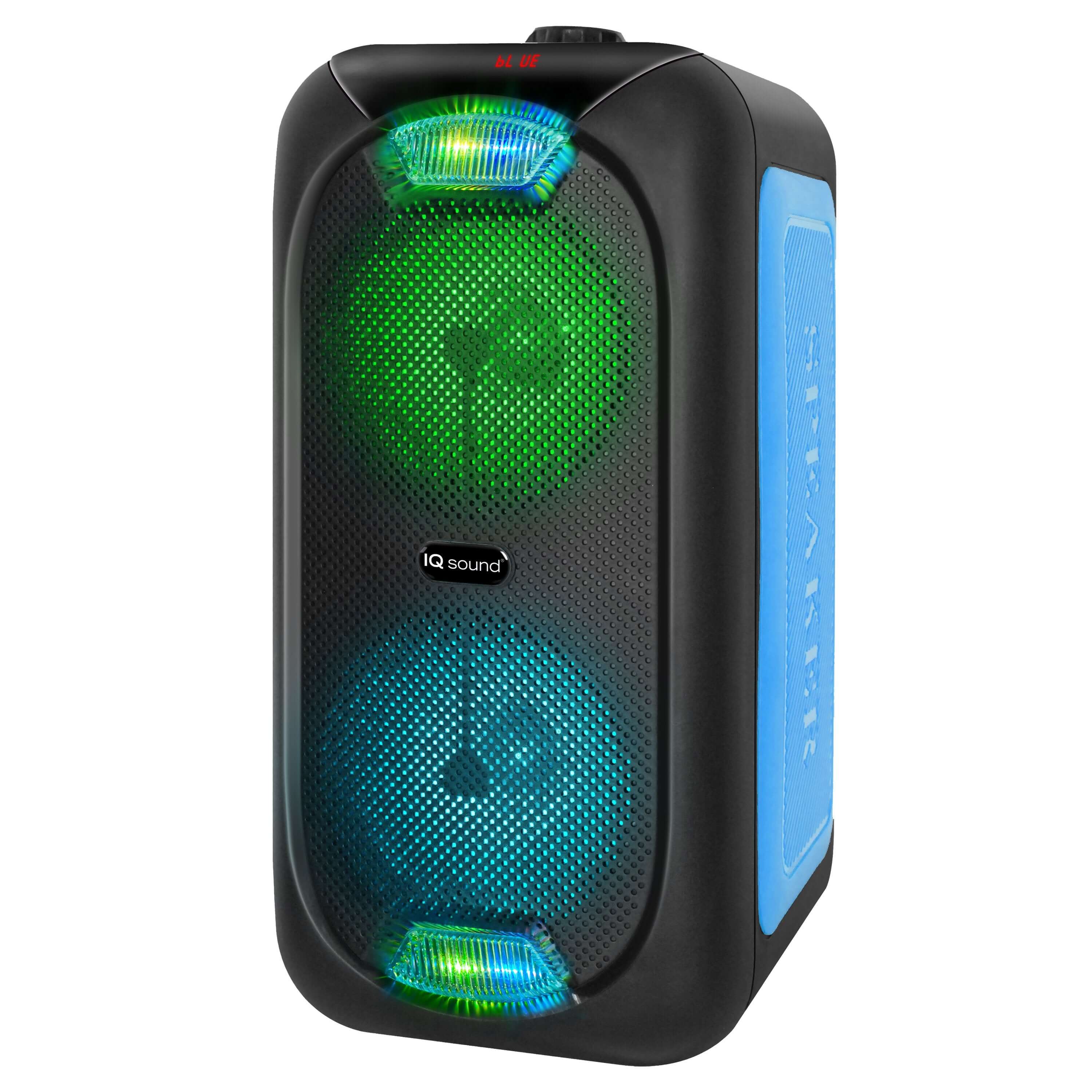 A sleek black 2 x 6" Bluetooth speaker with high-efficiency woofers and a remote control, showcasing its modern design and features.