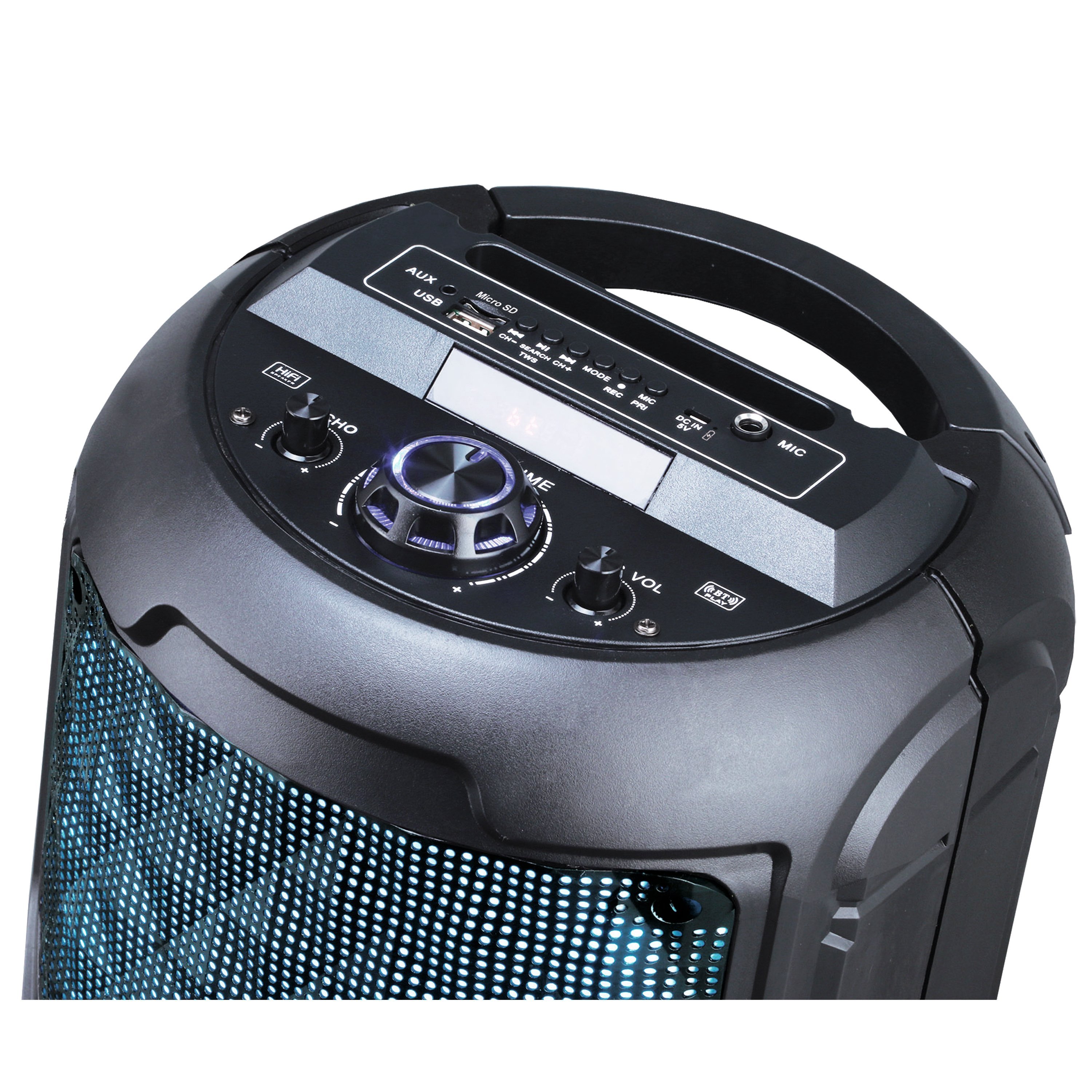 A 2 x 8" Portable Bluetooth Speaker with colorful LED lights, remote control, and microphone, showcasing its sleek design and connectivity options.