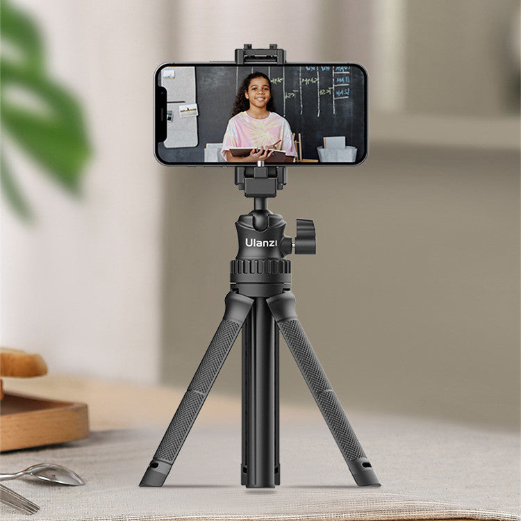 A 2-in-1 multifunctional extendable tripod with a phone clip, showcasing its lightweight design and adjustable features.