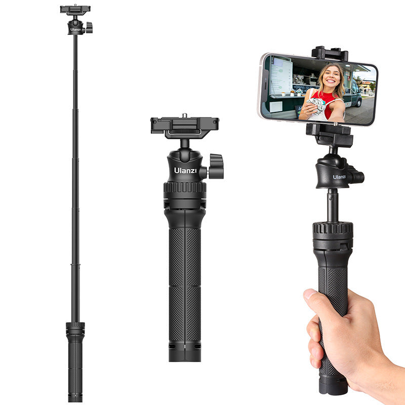 A 2-in-1 multifunctional extendable tripod with a phone clip, showcasing its lightweight design and adjustable features.