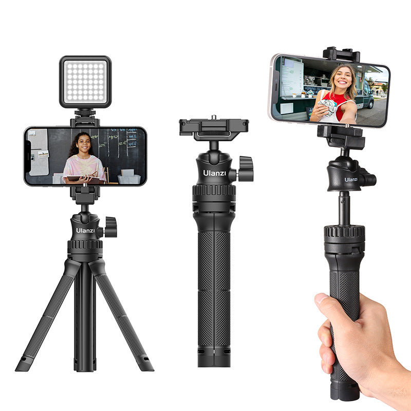 A 2-in-1 multifunctional extendable tripod with a phone clip, showcasing its lightweight design and adjustable features.