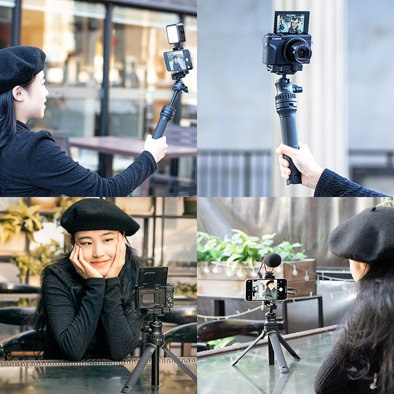 A 2-in-1 multifunctional extendable tripod with a phone clip, showcasing its lightweight design and adjustable features.