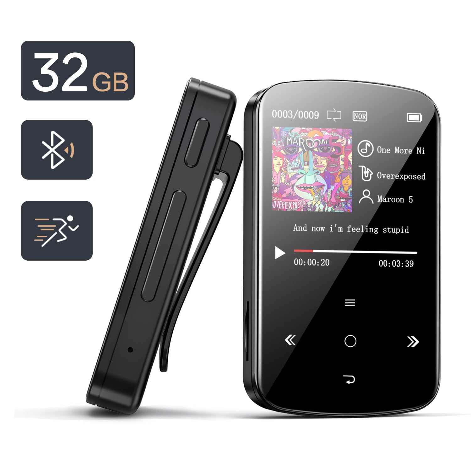 32GB HD Screen Portable Sports MP3 Music Player in blue and black, ultra-thin design with a 1.5-inch color display.