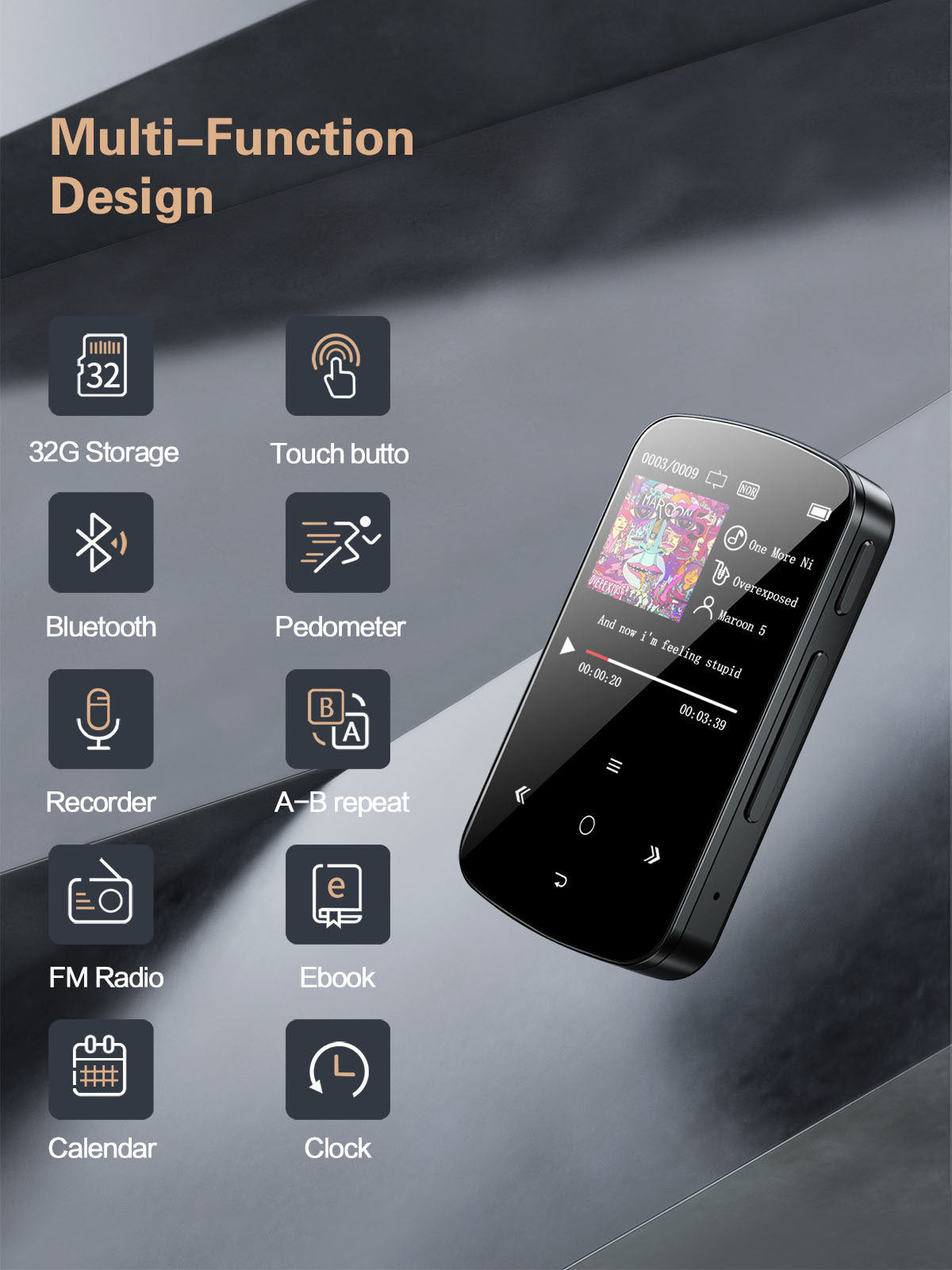 32GB HD Screen Portable Sports MP3 Music Player in blue and black, ultra-thin design with a 1.5-inch color display.