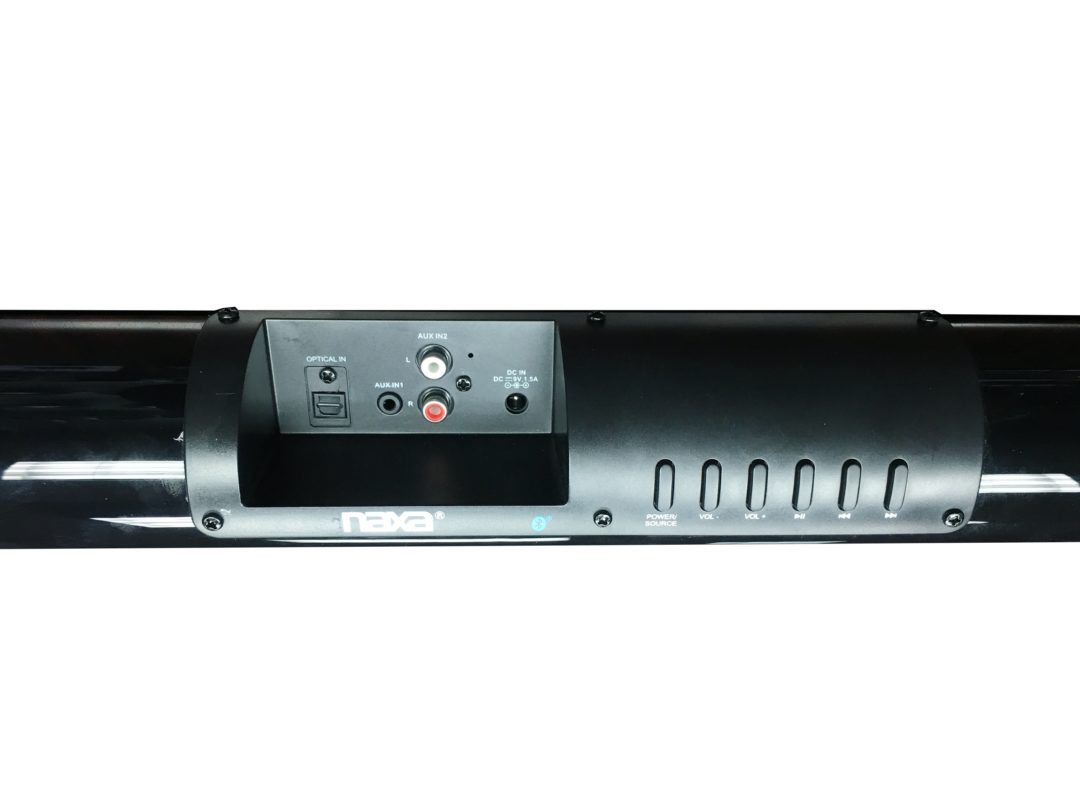 Naxa 37 inch TV Sound Bar with Bluetooth, sleek design, remote control, and multiple input options.