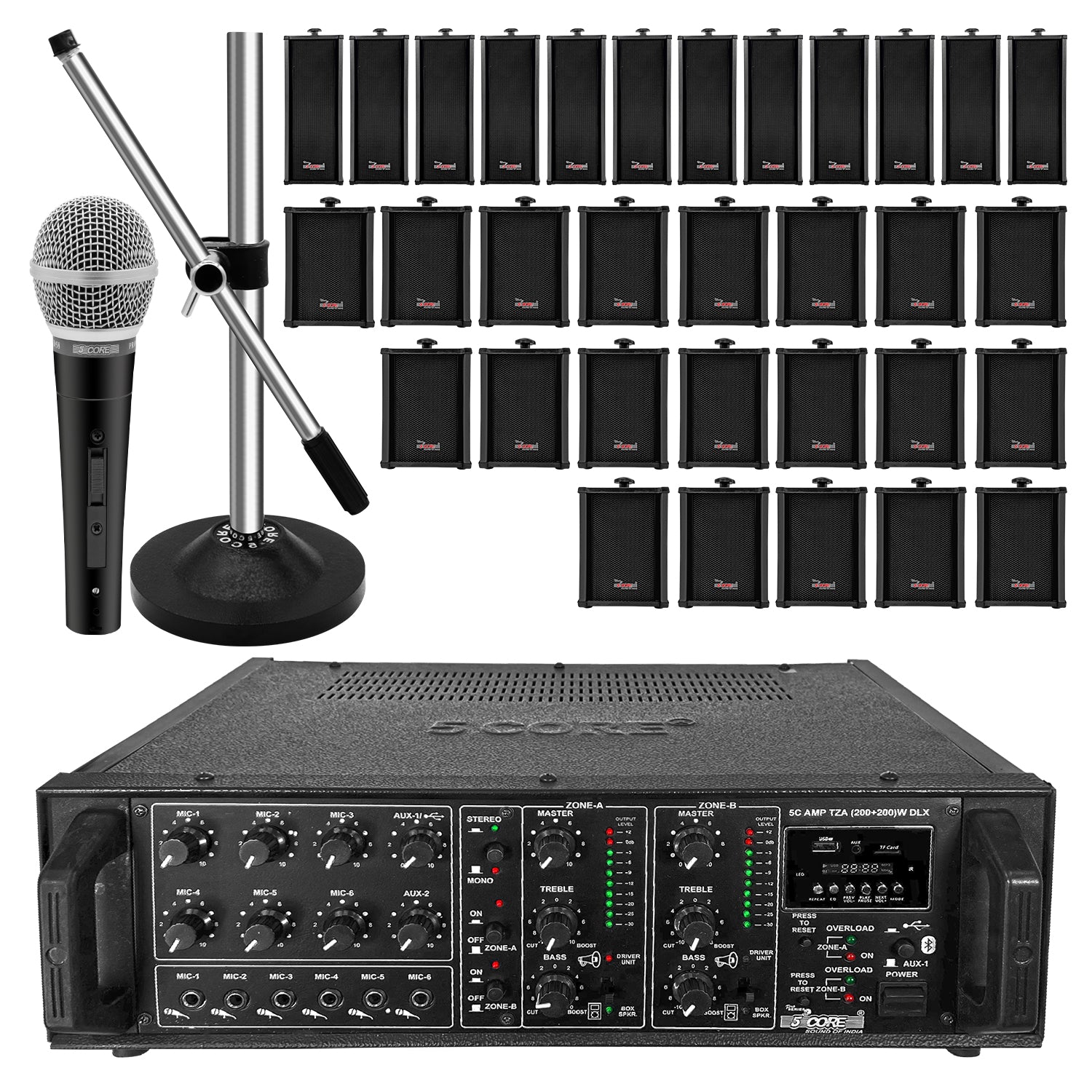 5 Core 4000W PA System featuring amplifier, wall speakers, dynamic microphone, and mic stand, ideal for commercial use.