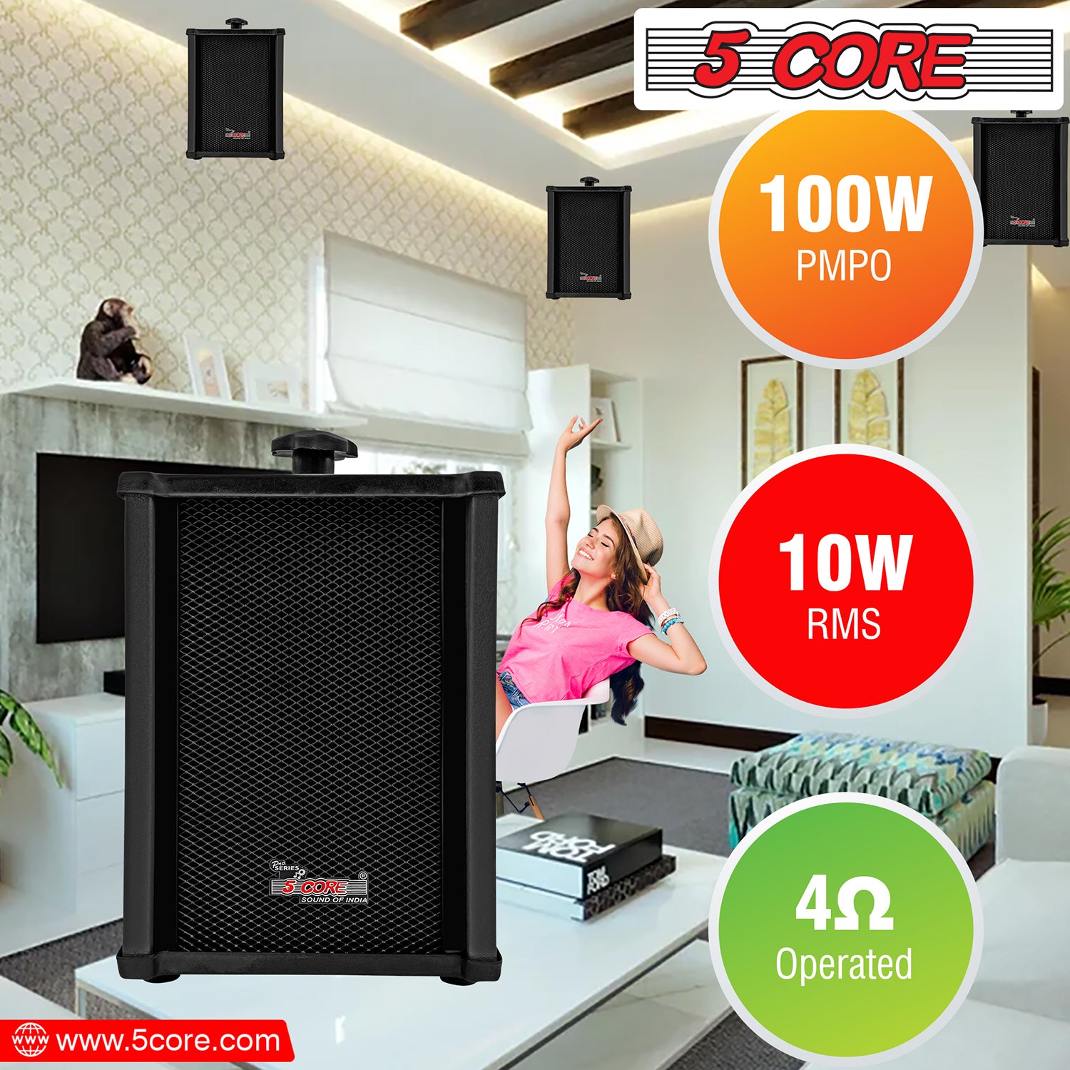 5 Core 4000W PA System featuring amplifier, wall speakers, dynamic microphone, and mic stand, ideal for commercial use.