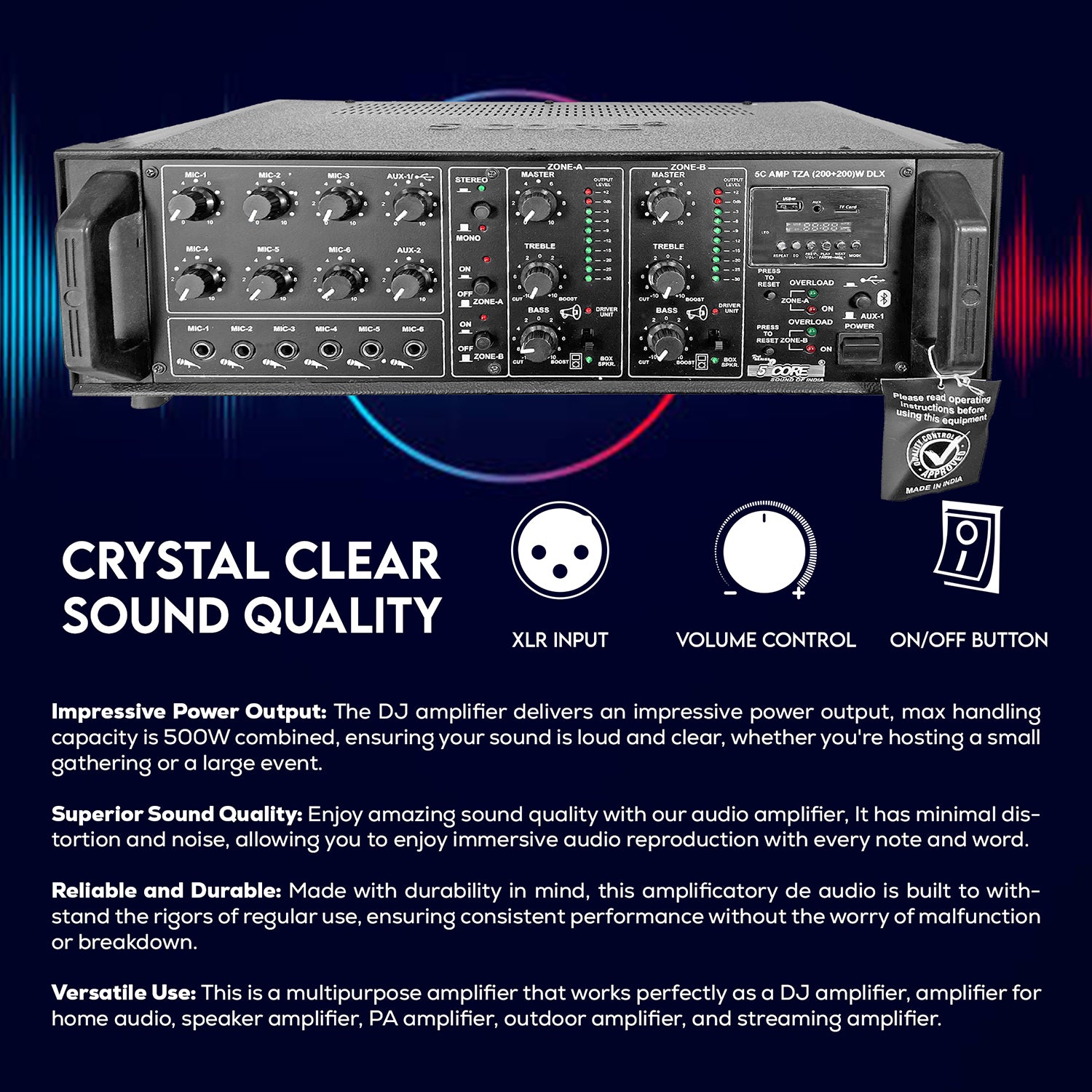 5 Core 4000W PA System featuring amplifier, wall speakers, dynamic microphone, and mic stand, ideal for commercial use.