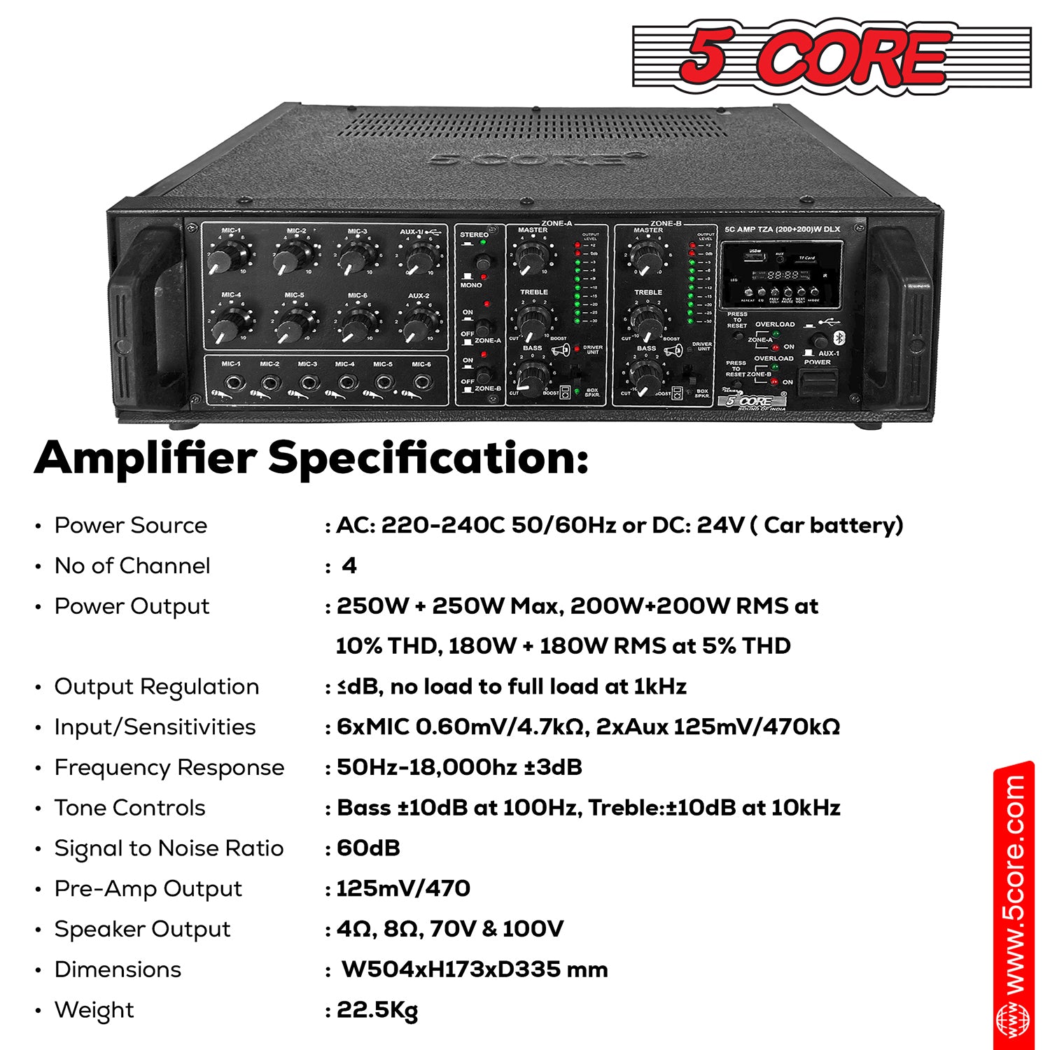 5 Core 4000W PA System featuring amplifier, wall speakers, dynamic microphone, and mic stand, ideal for commercial use.