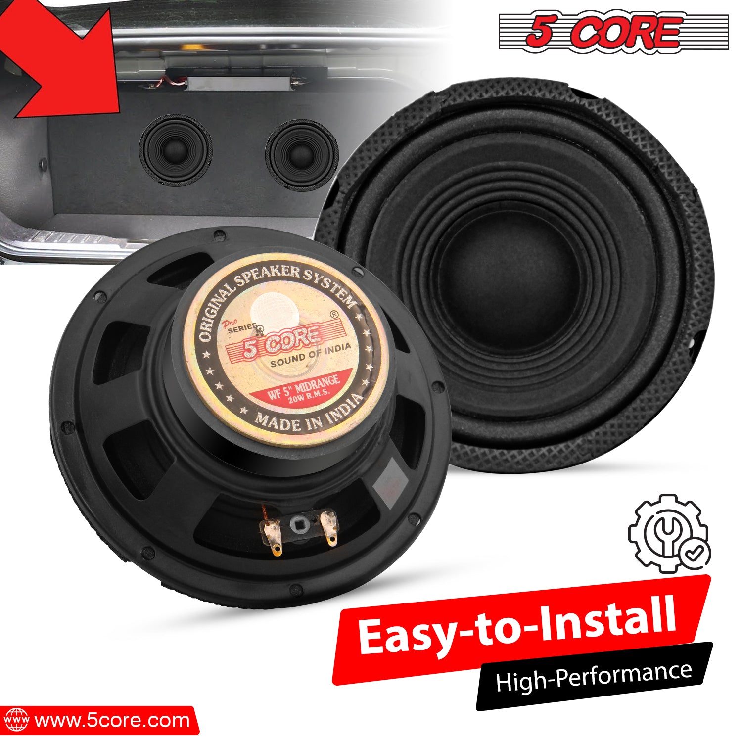 5 Core 5 Inch Midrange Speakers showcasing durable construction and advanced design for superior sound quality.