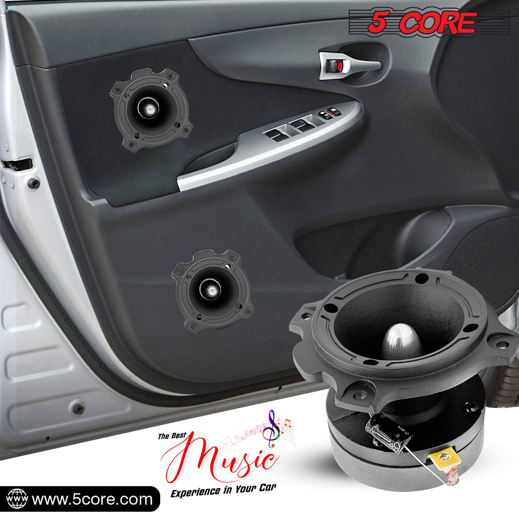 5 Core 6.5 Inch Midrange Door Speaker and Tweeter Combo showcasing sleek design and powerful audio capabilities.