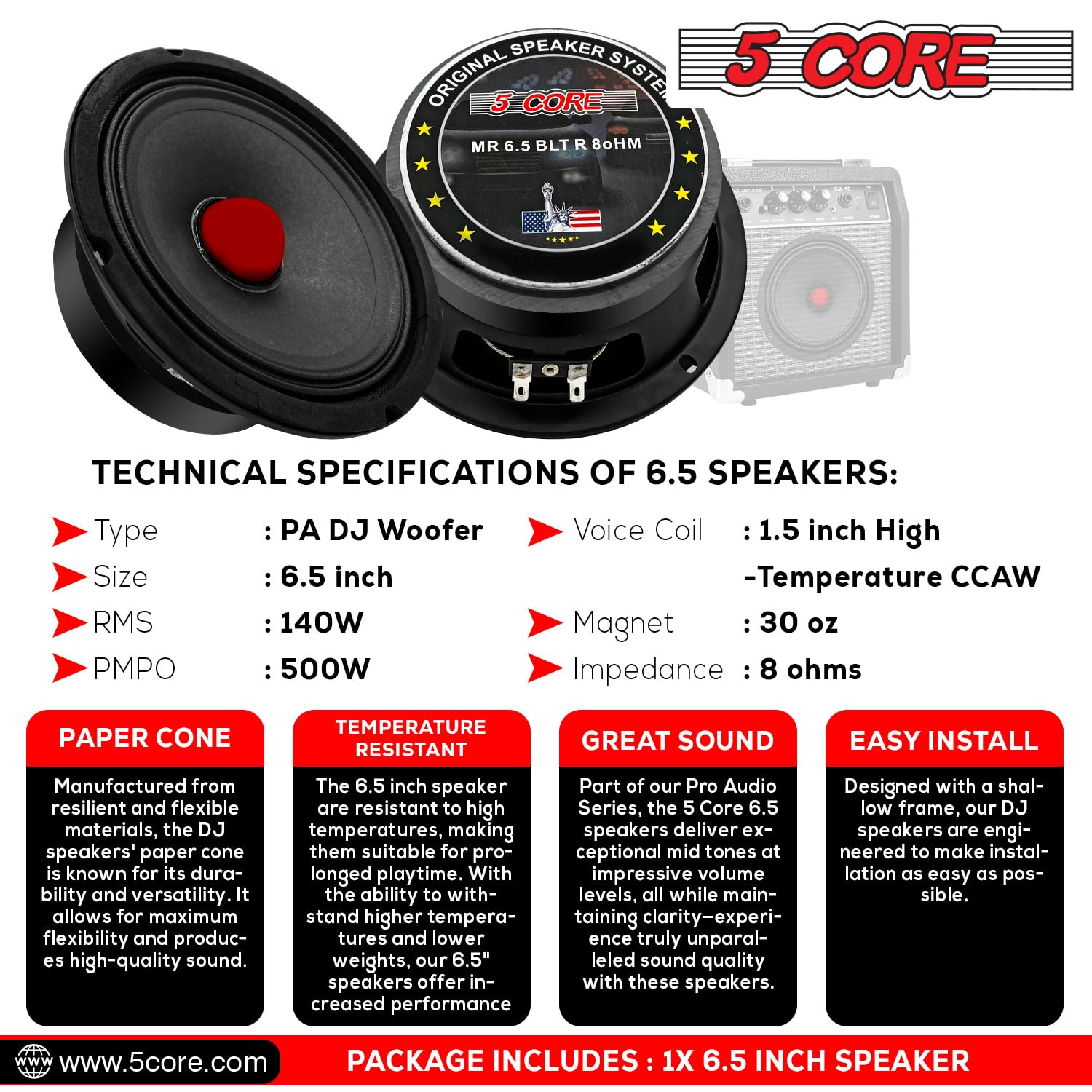 5 CORE 8 Inch Guitar Raw Speakers showcasing a robust design with a 30 Oz magnet, ideal for amplifier cabinets.