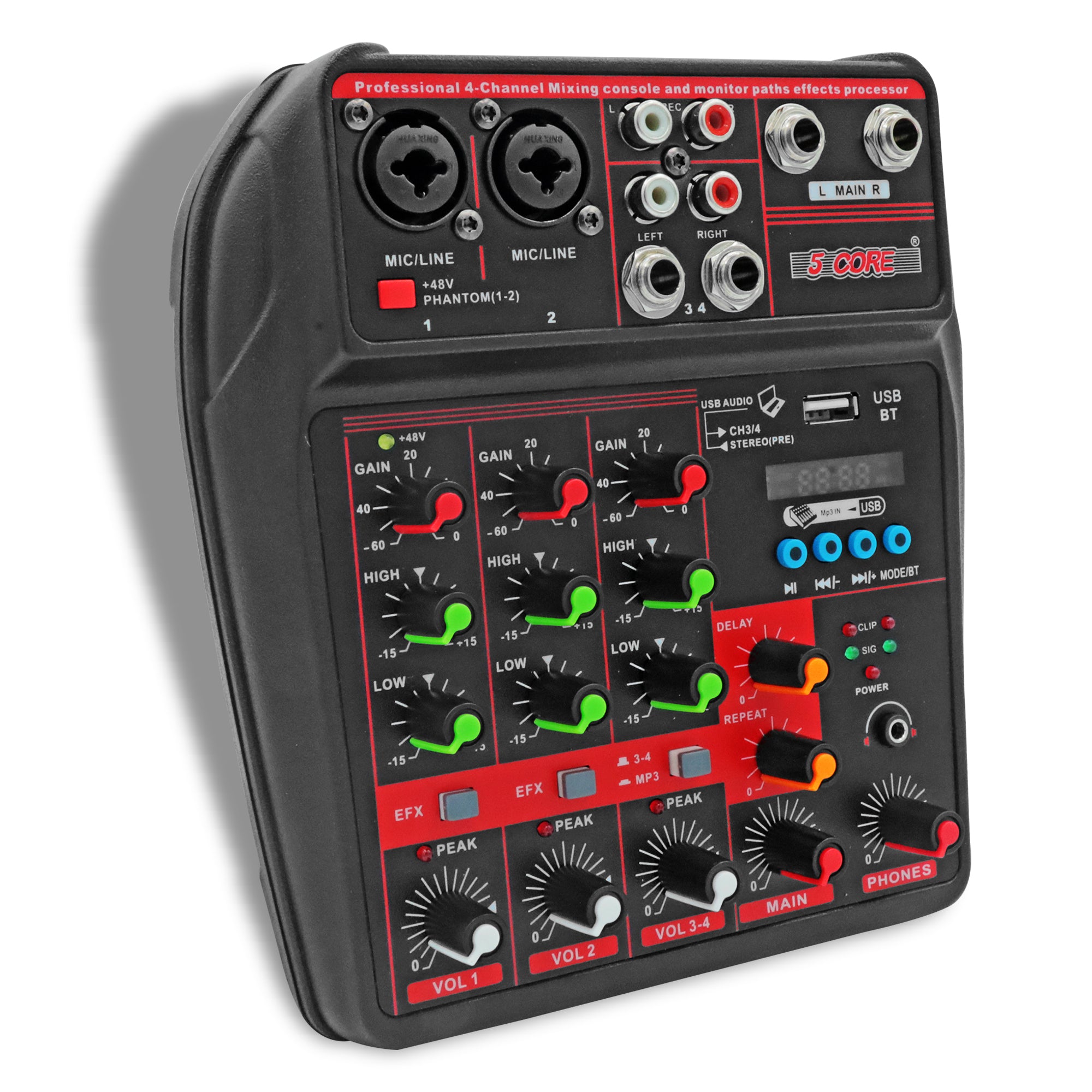 5 Core 4 channel audio mixer with Bluetooth and USB connectivity, showcasing its compact design and multiple input options.