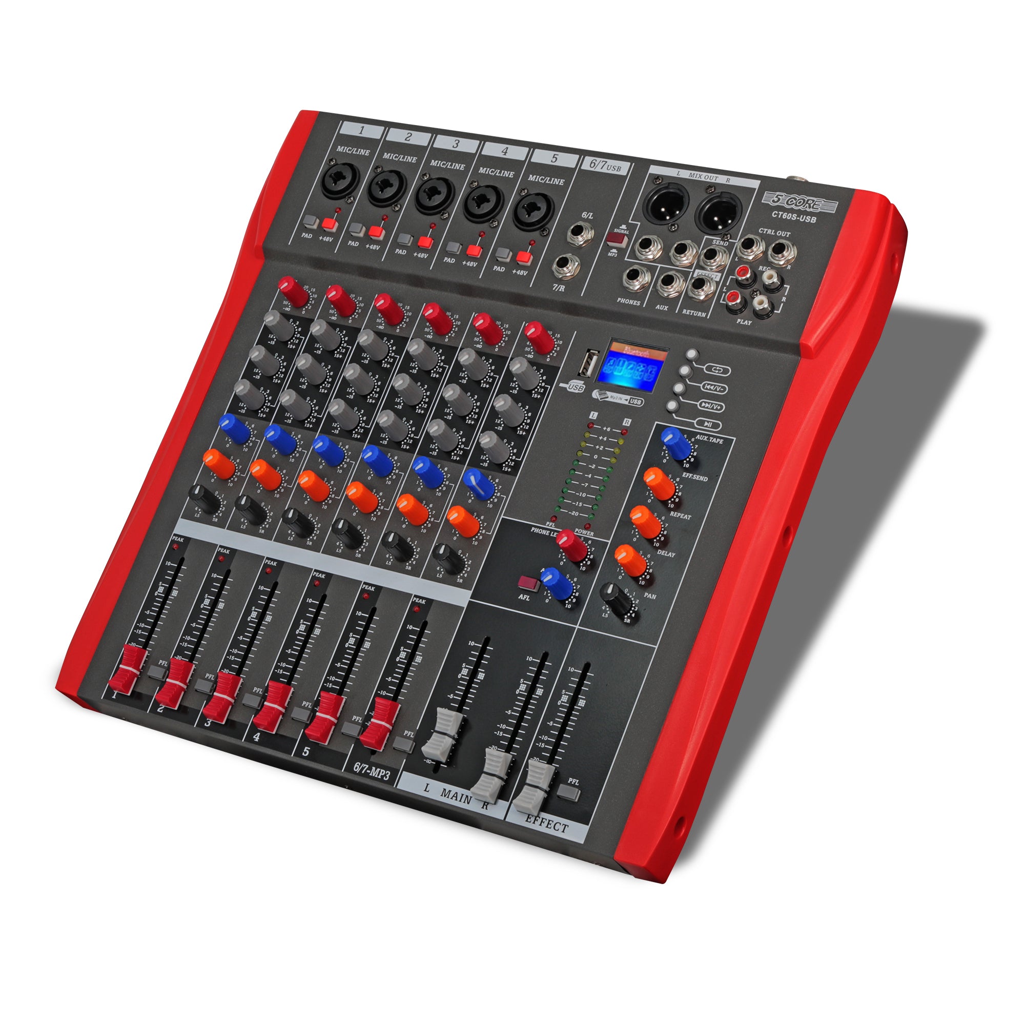 5 Core Audio Mixer with Bluetooth and USB connectivity, showcasing its professional design and multiple input options.