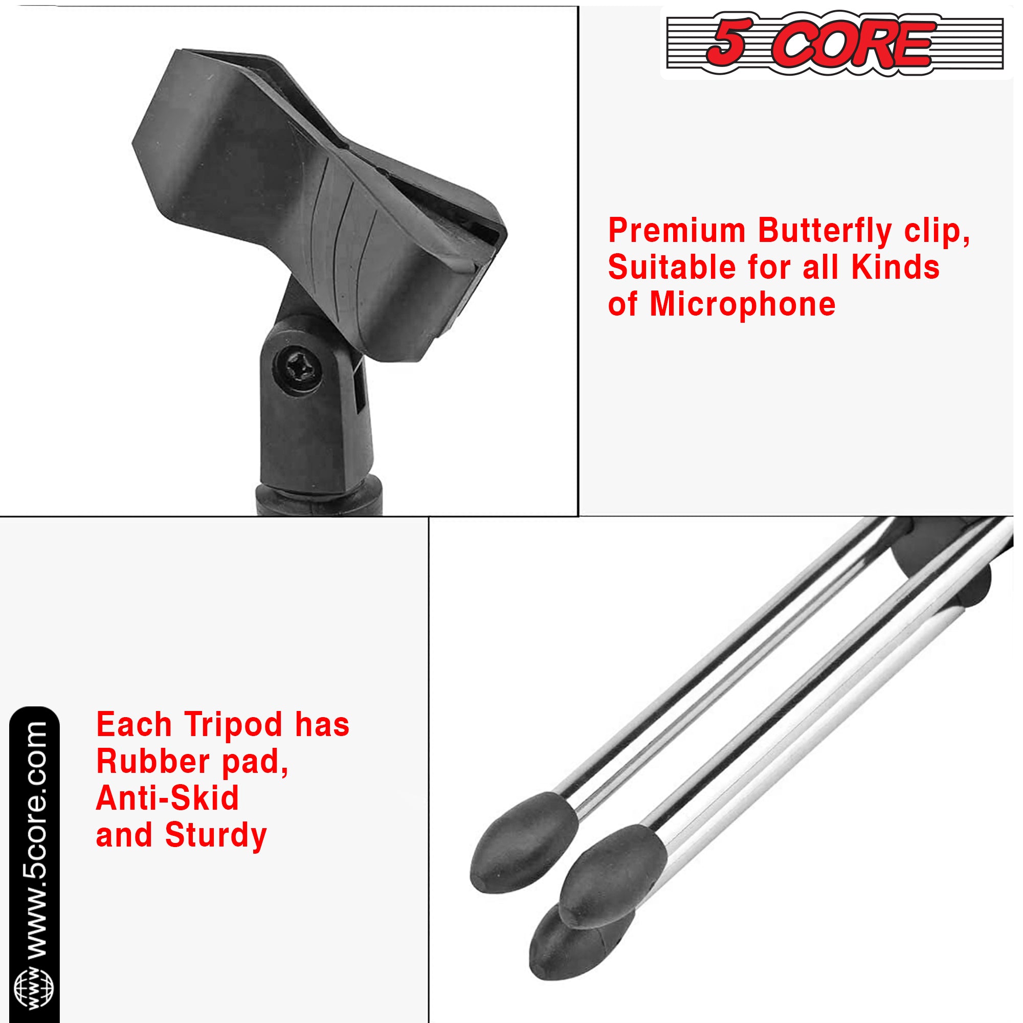 5 Core Desk Mic Stand with adjustable height and tripod base, designed for desktop use, featuring a 360-degree rotatable head and anti-slip rubber caps.