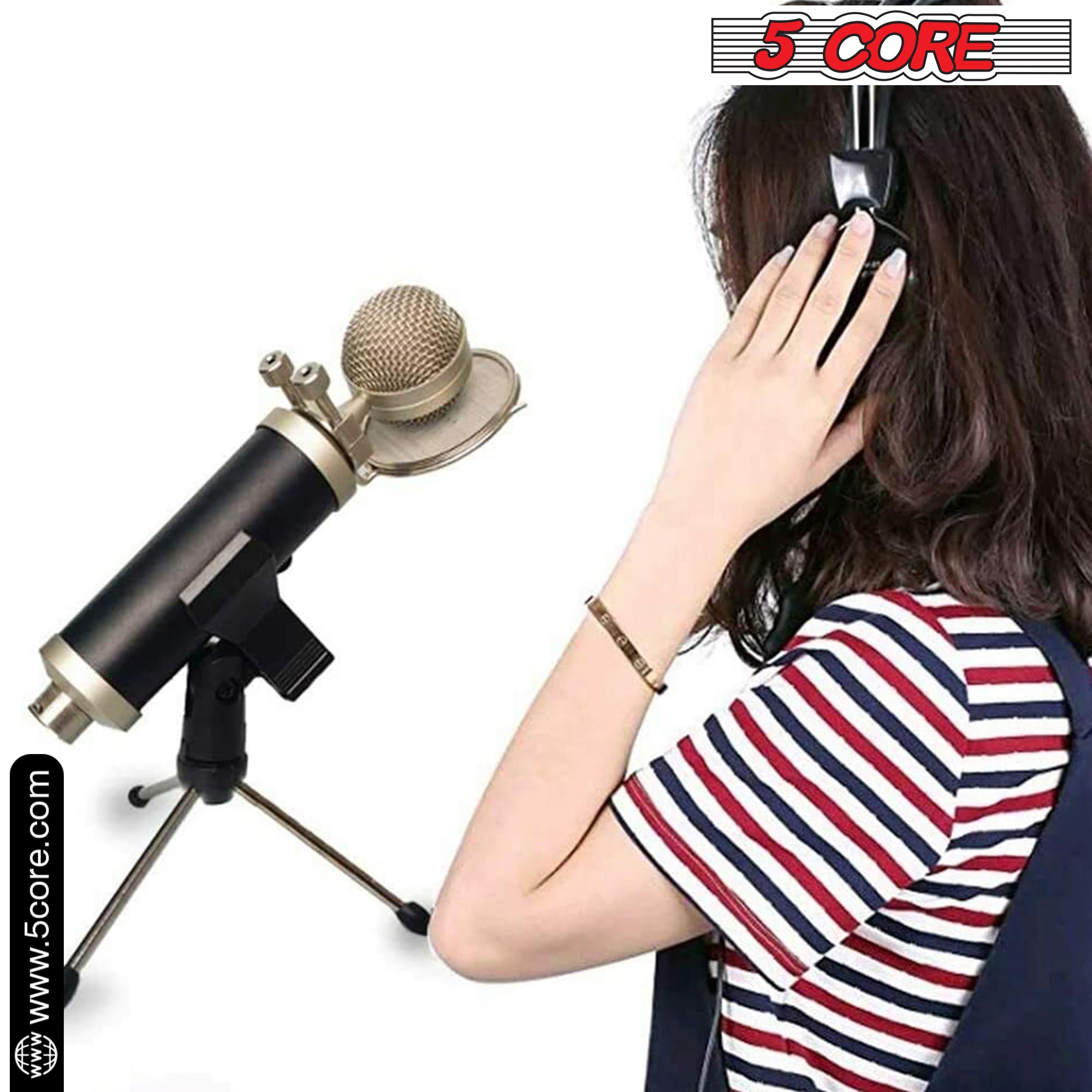 5 Core Desk Mic Stand with adjustable height and tripod base, designed for desktop use, featuring a 360-degree rotatable head and anti-slip rubber caps.